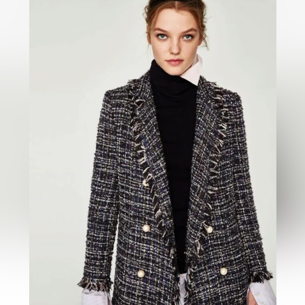 ZARA Tweed Textured Weave JACKET BLAZER PEARL BUTTONS Black/Blue SIZE S NEW